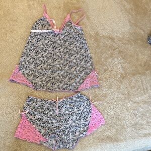 Floral Lace Trim Sleepwear Set - Pink and Gray